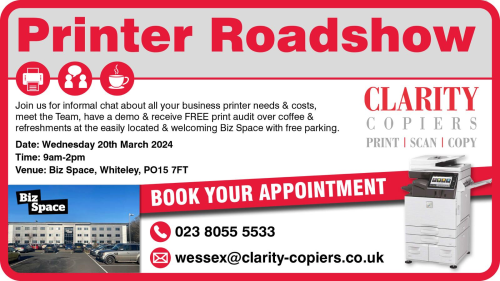 Join us for informal chat about all your business printer needs & costs, meet the Team, have a demo & receive FREE print audit over coffee & refreshments at the easily located & welcoming Biz Space with free parking. Date: Wednesday 20th March 2024 Time: 9am-2pm Venue: Biz Space, Whiteley, PO15 7FT